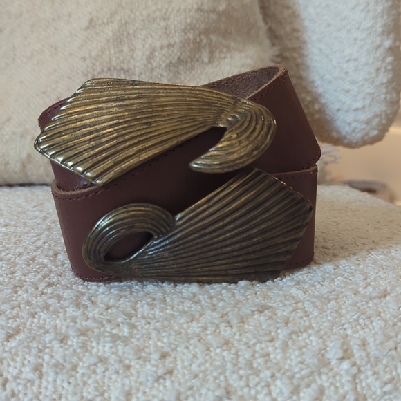 Vintage Leather Belt Sculptural Gold Buckle | Burgundy | Patina main image 4